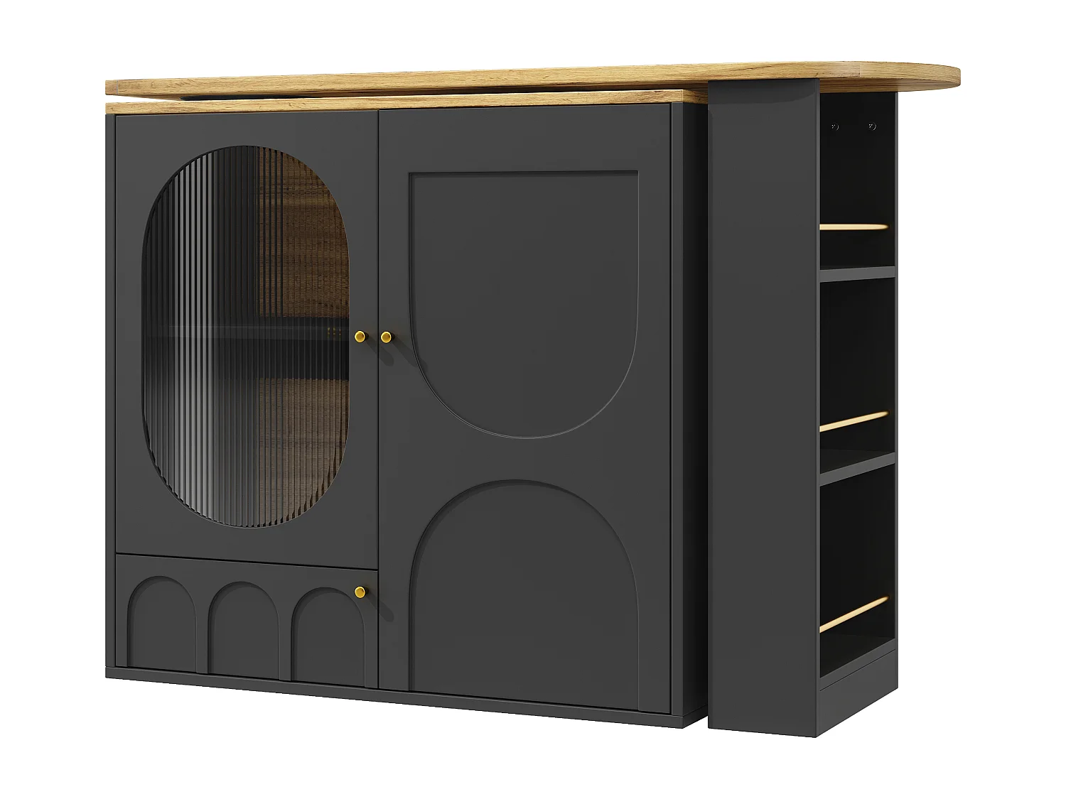 Draaibare bartafel met 3 deuren, kookeiland met opbergruimte - uitschuifbaar blad (138-204) x 39 x 102 cm - zwart