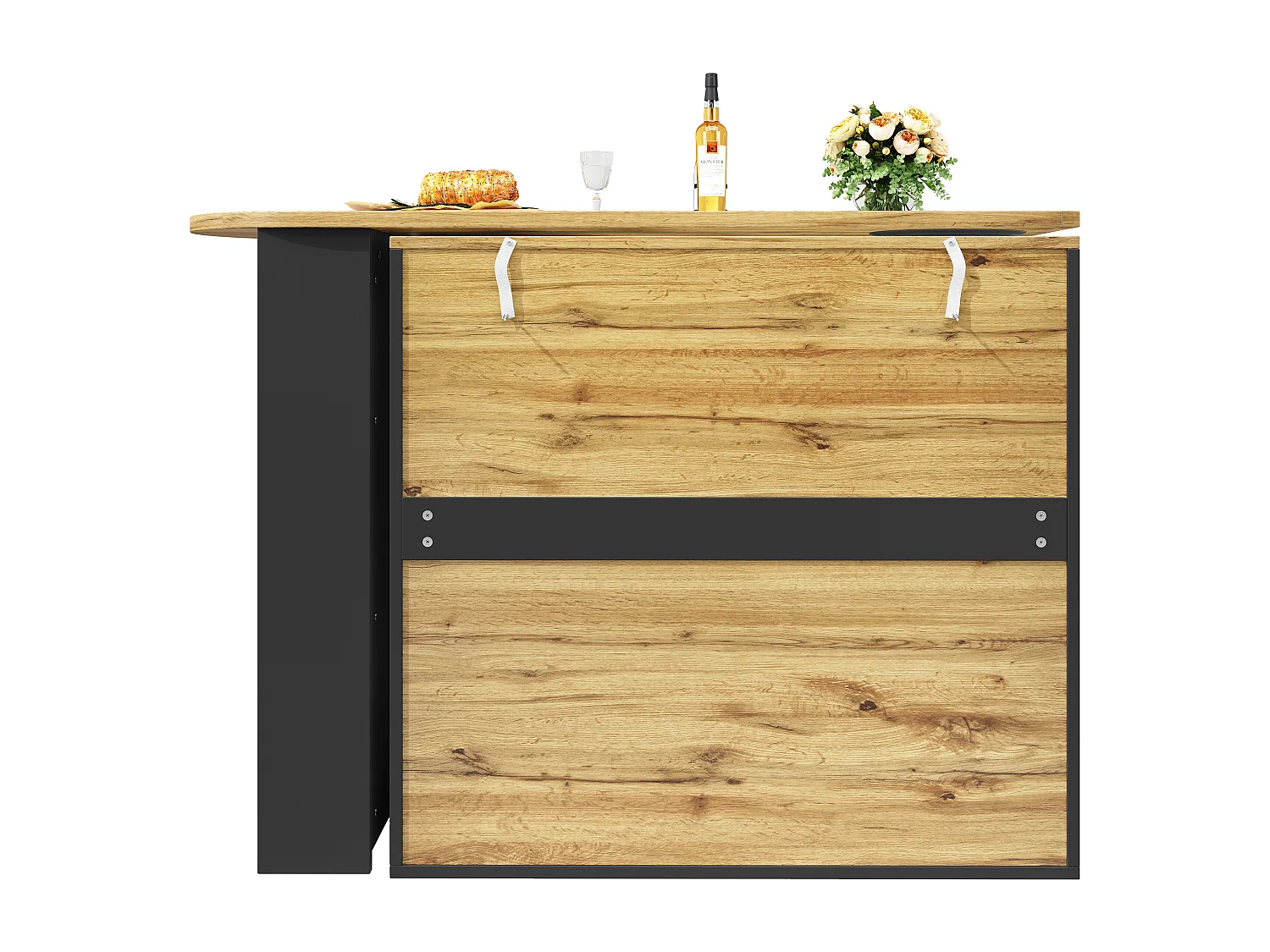 Draaibare bartafel met 3 deuren, kookeiland met opbergruimte - uitschuifbaar blad (138-204) x 39 x 102 cm - zwart