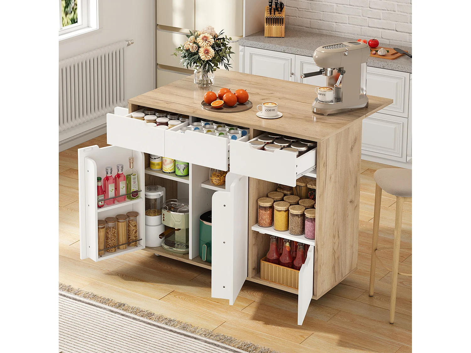 Keukentrolley 120x46x85cm met 360掳 zwenkwielen, lades, kastdeuren en open vakken in wit voor keuken en woonkamer