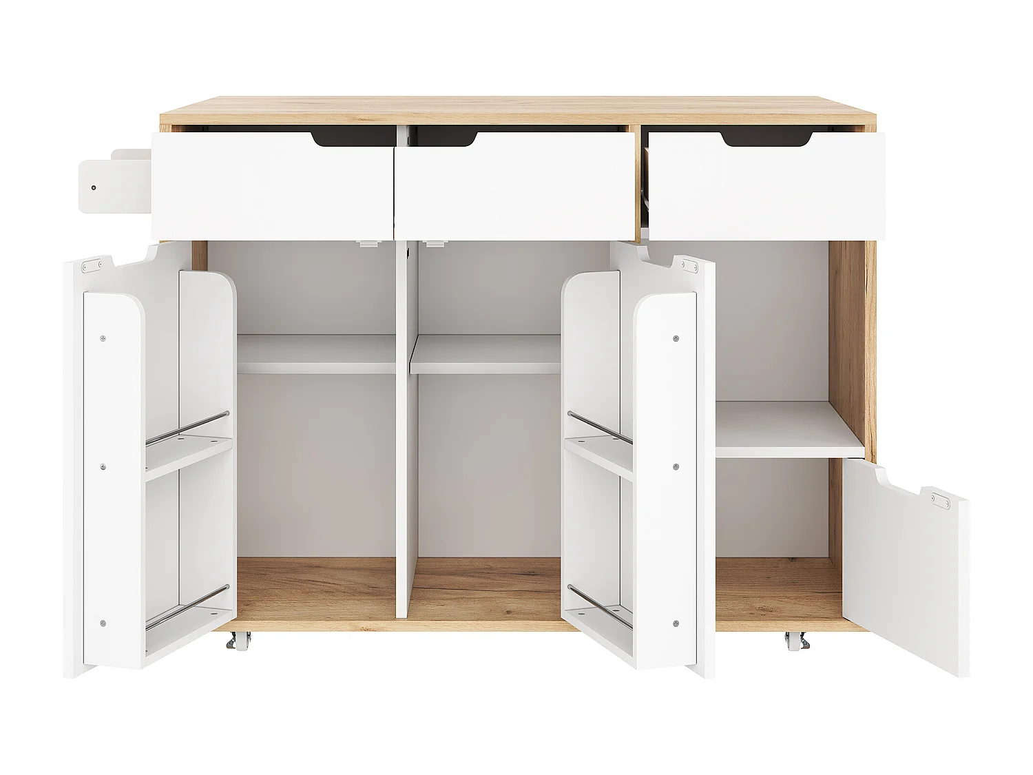 Keukentrolley 120x46x85cm met 360掳 zwenkwielen, lades, kastdeuren en open vakken in wit voor keuken en woonkamer