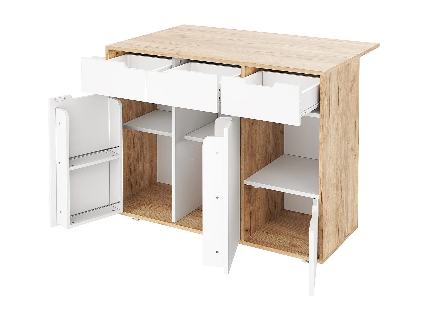 Keukentrolley 120x46x85cm met 360掳 zwenkwielen, lades, kastdeuren en open vakken in wit voor keuken en woonkamer