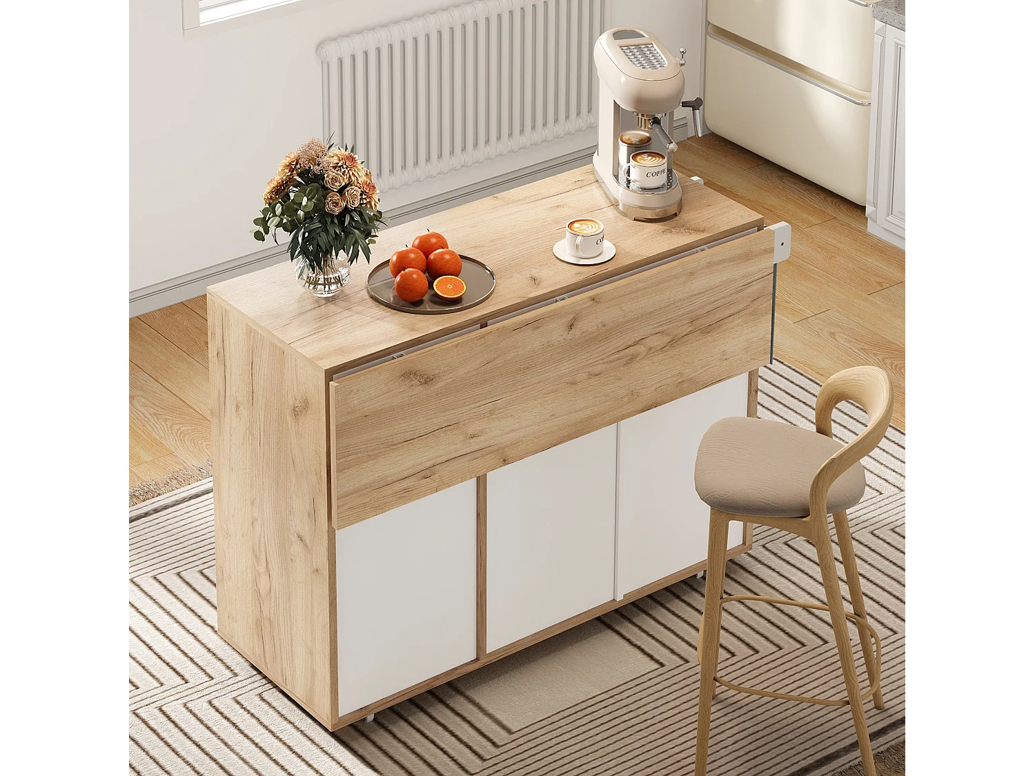 Keukentrolley 120x46x85cm met 360掳 zwenkwielen, lades, kastdeuren en open vakken in wit voor keuken en woonkamer