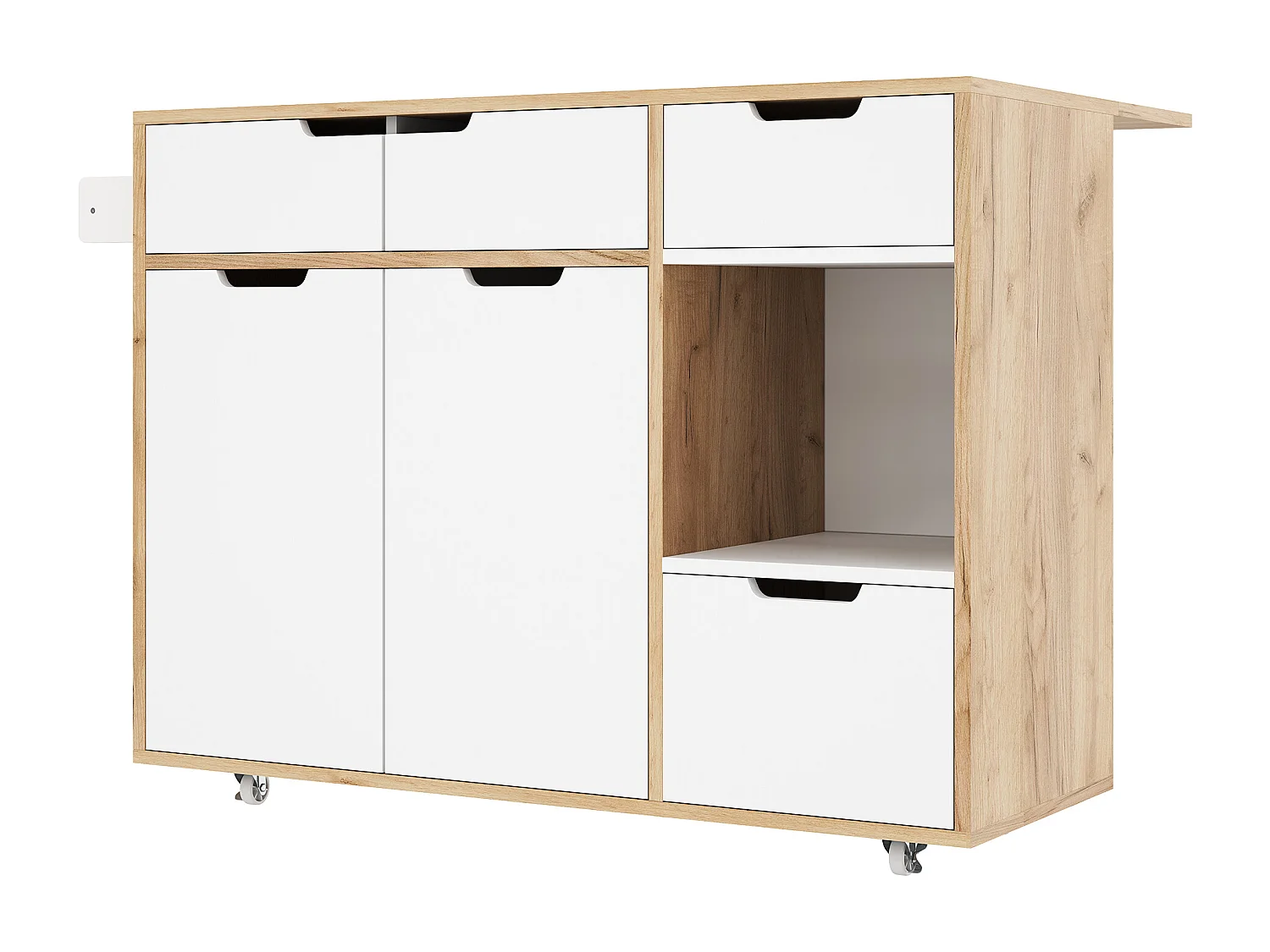 Meuble de rangement 120x46x85 cm, roulettes 360°, rangements fermés et ouverts, bois d'ingénierie blanc