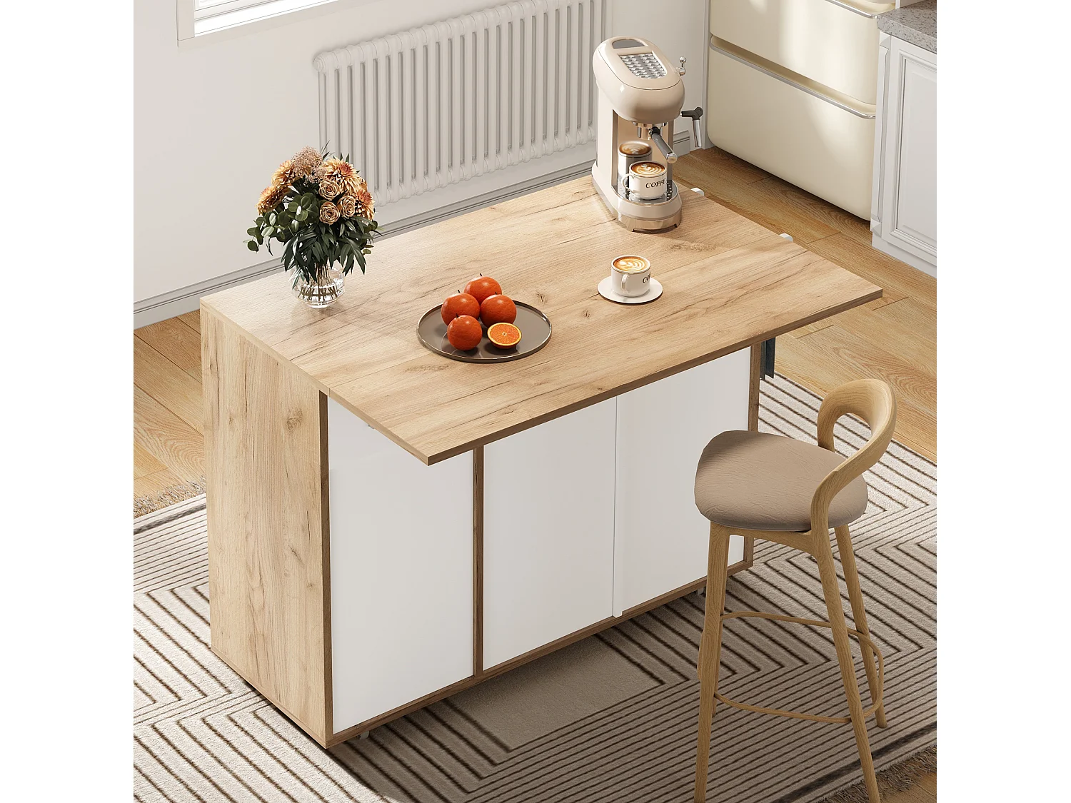 Meuble de rangement 120x46x85 cm, roulettes 360°, rangements fermés et ouverts, bois d'ingénierie blanc