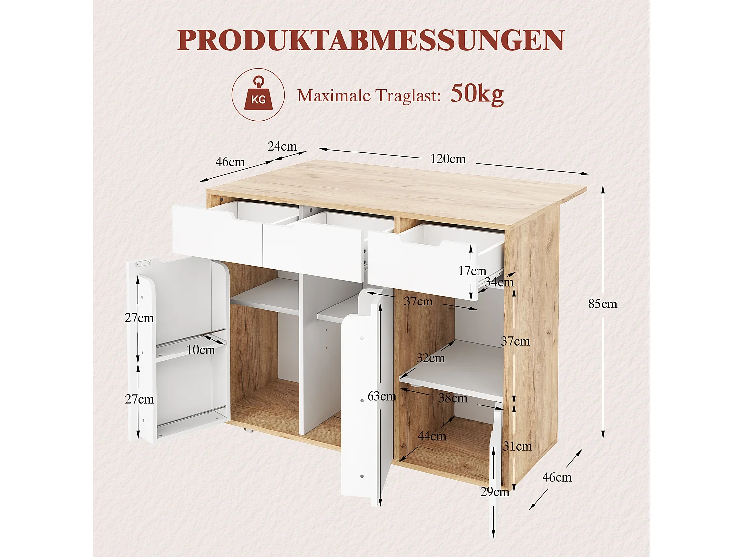 Meuble de rangement 120x46x85 cm, roulettes 360°, rangements fermés et ouverts, bois d'ingénierie blanc