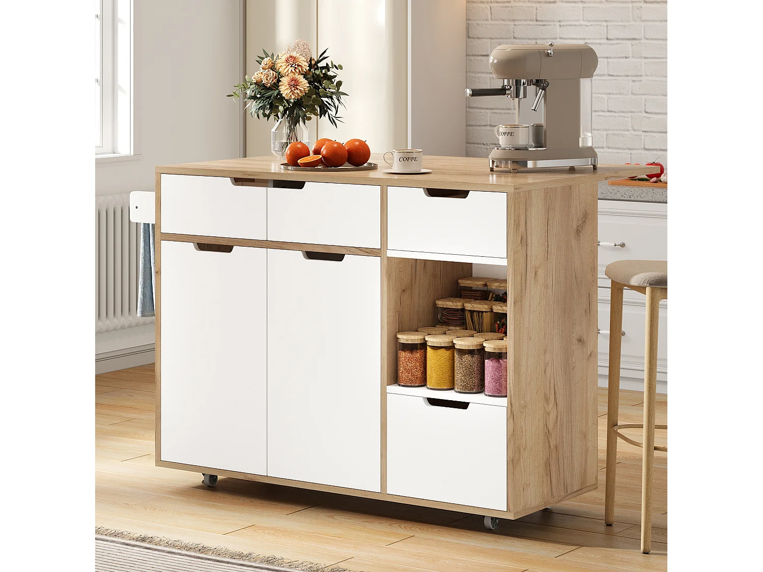 Meuble de rangement 120x46x85 cm, roulettes 360°, rangements fermés et ouverts, bois d'ingénierie blanc