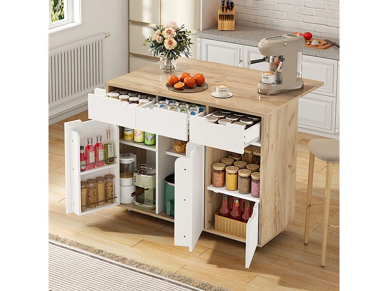 Keukentrolley 120x46x85cm met 360掳 zwenkwielen, lades, kastdeuren en open vakken in wit voor keuken en woonkamer