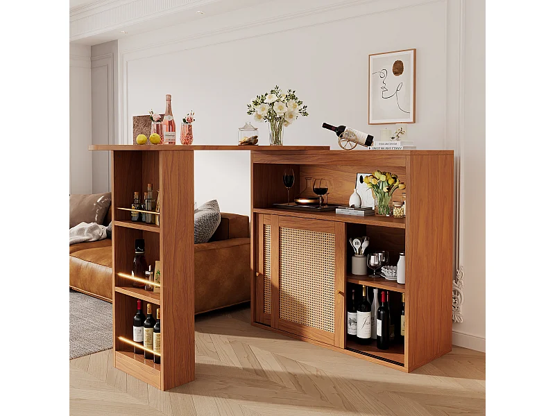 Meuble de bar pivotant avec 2 portes en rotin Îlot de cuisine avec plateau extensible (138-193)x39x104 cm - marron