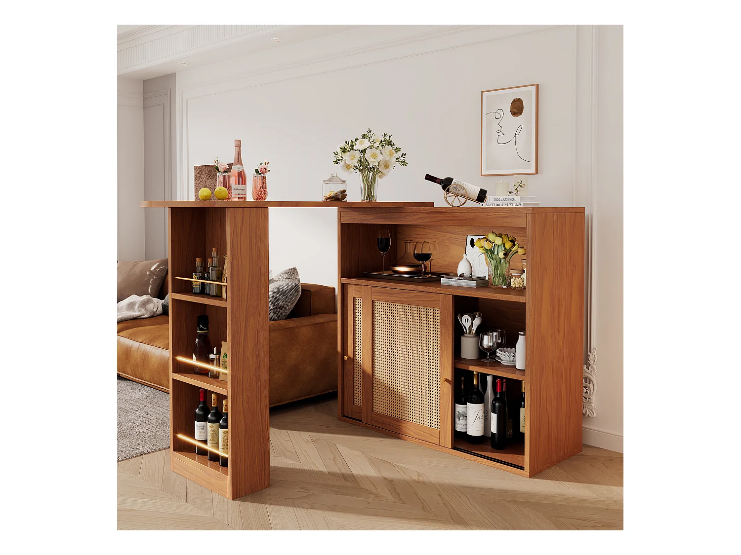 Meuble de bar pivotant avec 2 portes en rotin Îlot de cuisine avec plateau extensible (138-193)x39x104 cm - marron