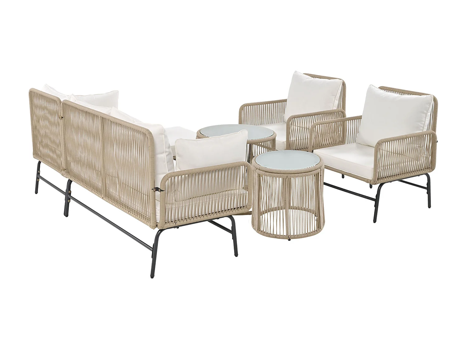 Salon de jardin 6 pièces, modulable, coussins inclus, assise profonde, cadre en fer, beige