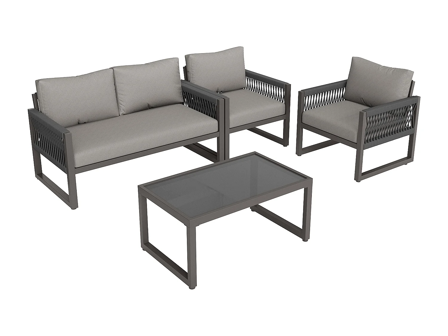 Salon de jardin exterieur 5 places avec coussin - 3 chaises et 1 table - pieds réglables - fer gris