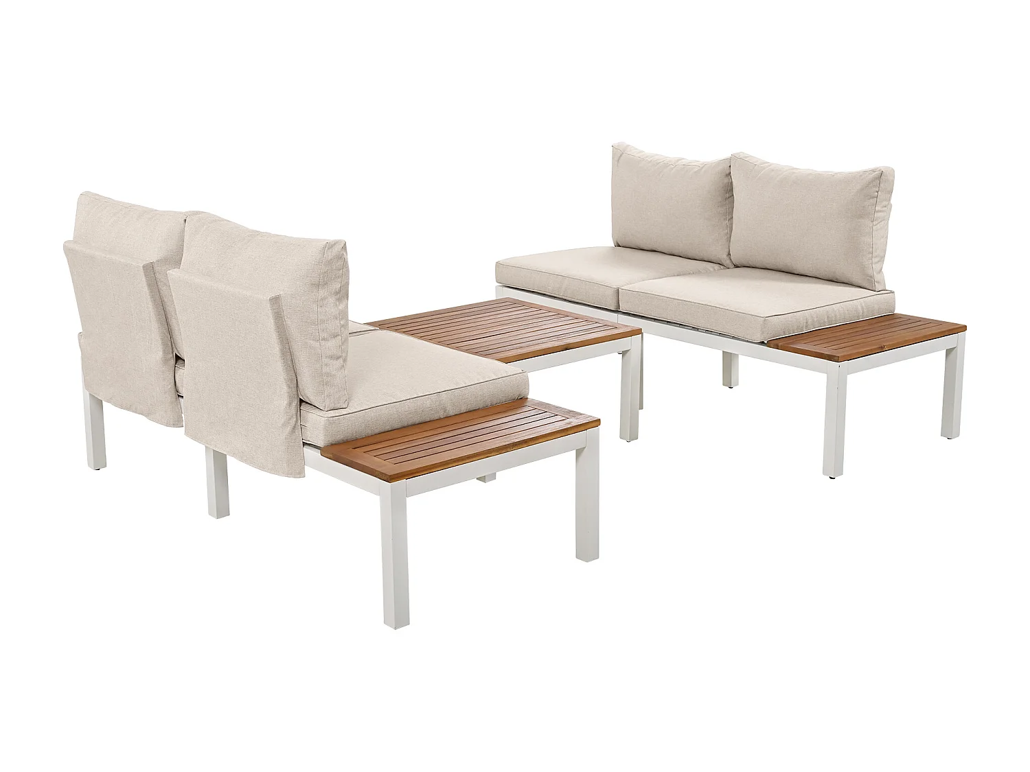 Salon de jardin bas 4 places avec coussin et dossier - 2 canapés et 1 table - bois + métal - beige