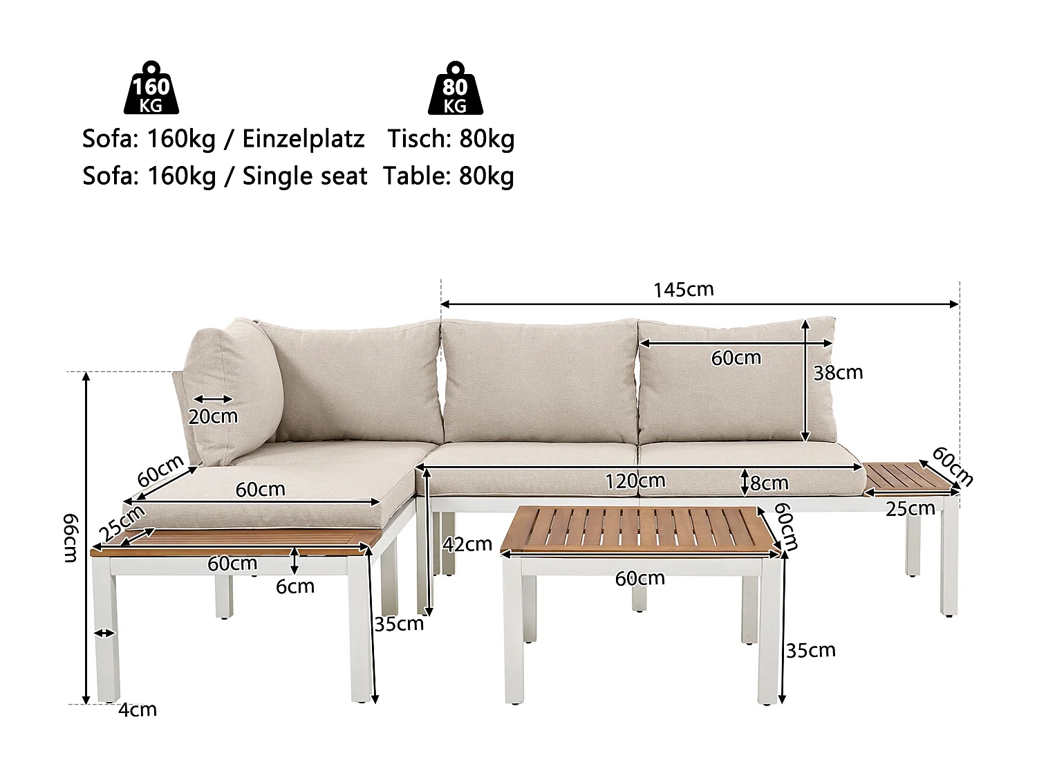 Salon de jardin, 120x60x66 cm, 2 canapés 2 places, coussins, pieds réglables, fer galvanisé, beige