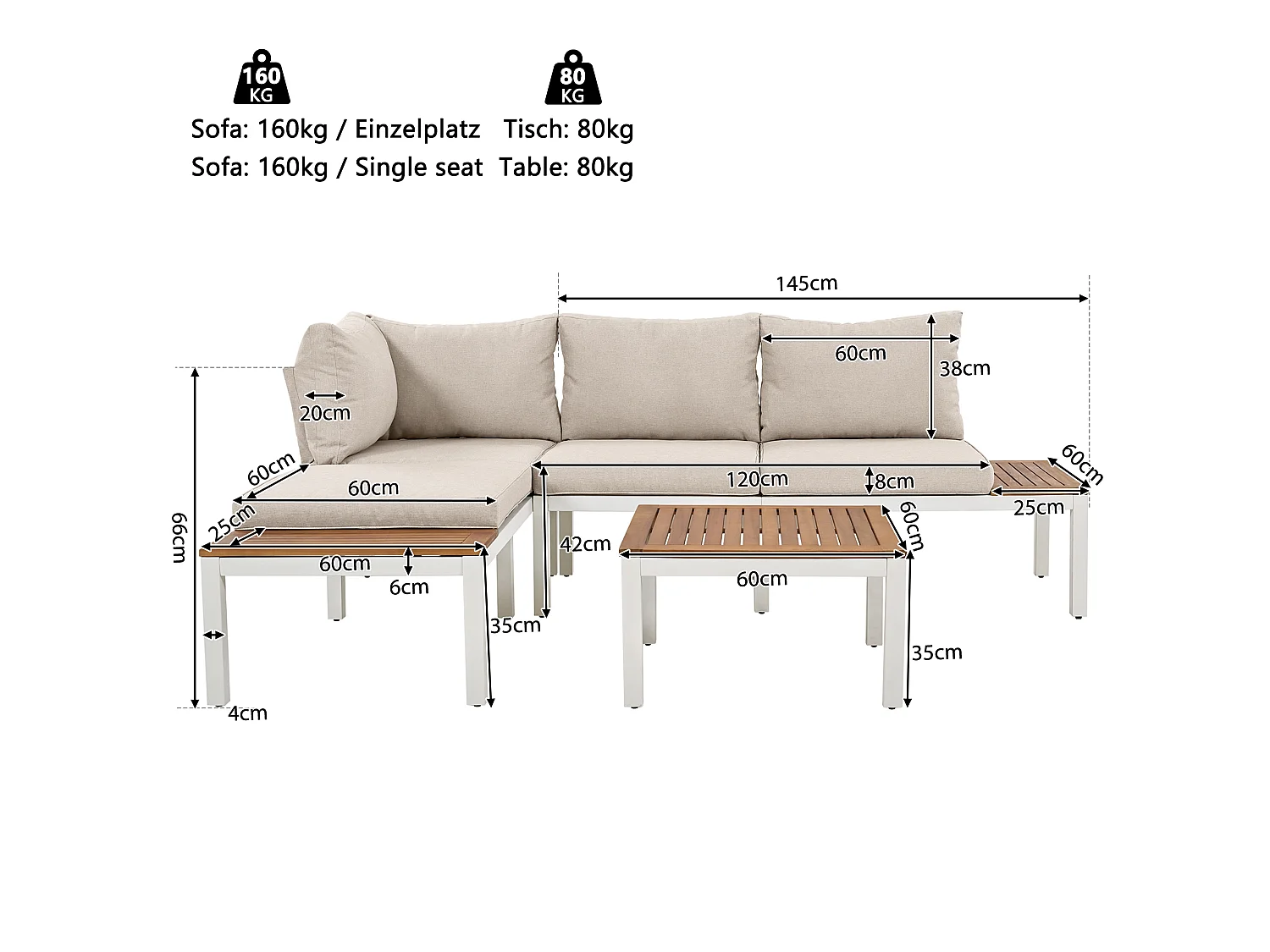 Tuinset, 120x60x66 cm, 2 banken 2-zits, kussens, verstelbare poten, gegalvaniseerd ijzer, beige