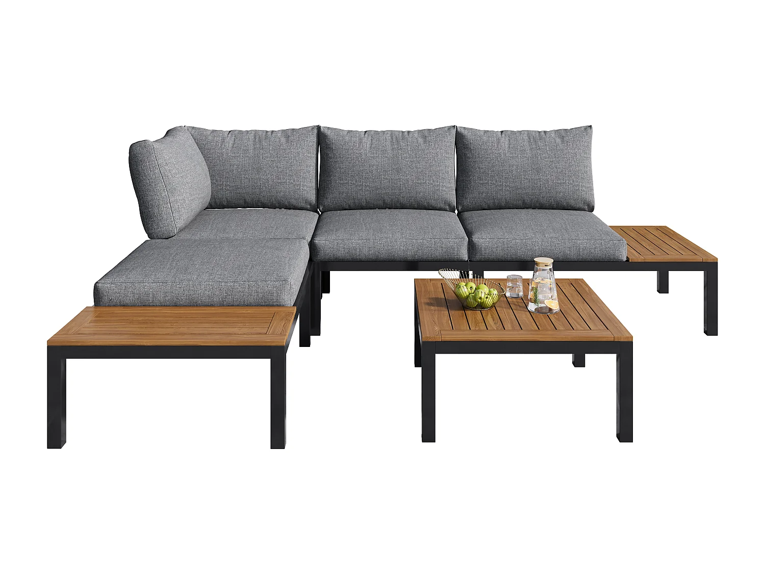 Salon de jardin bas 4 Places avec coussin et dossier - 2 canapés et 1 table - bois + métal - gris