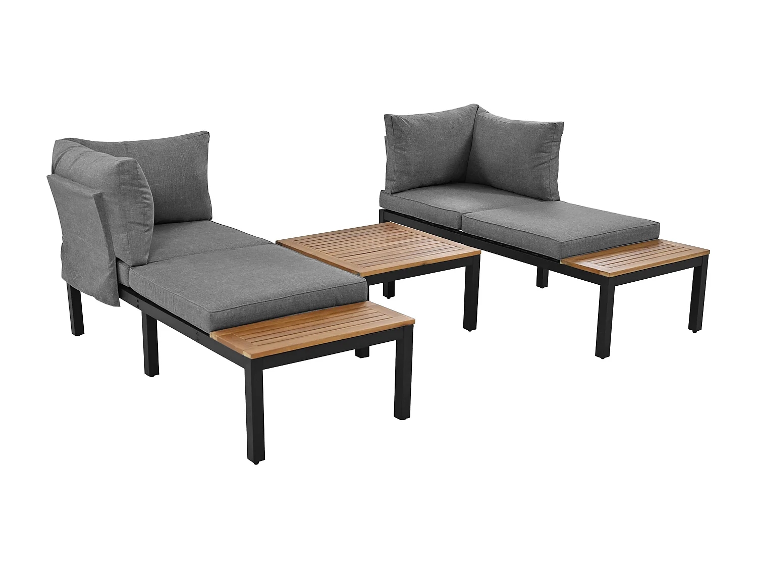 Salon de jardin bas 4 Places avec coussin et dossier - 2 canapés et 1 table - bois + métal - gris