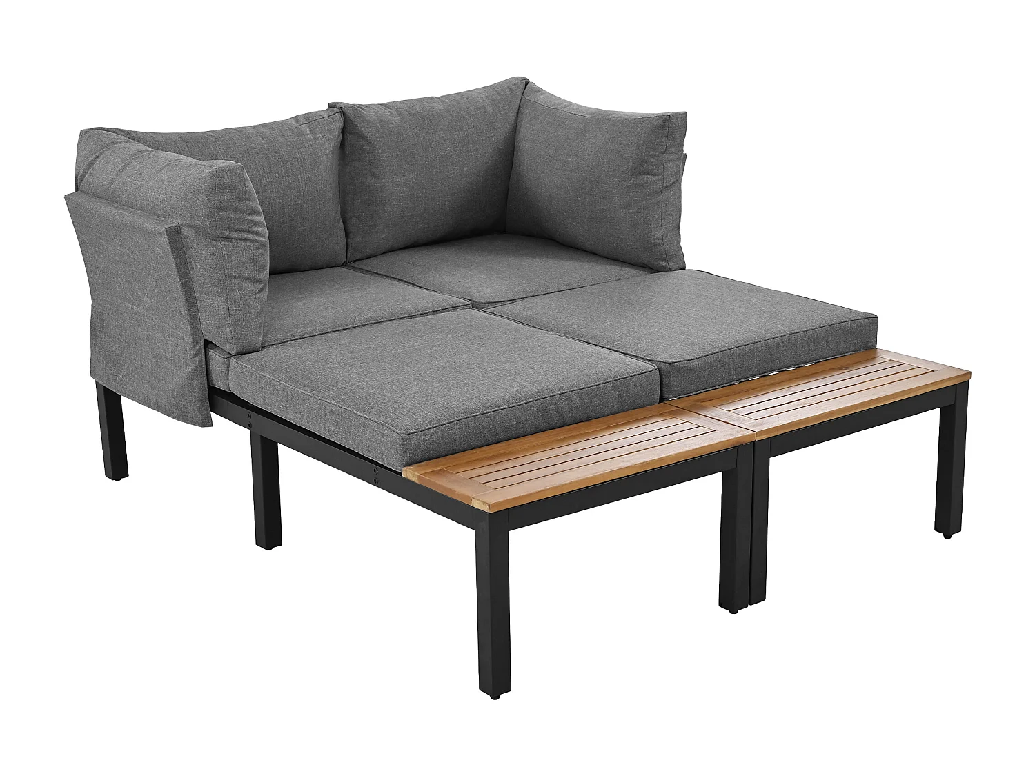 Salon de jardin 120x60x66 cm, 2 canapés 2 places, 2 tables dappoint, 1 table, pieds réglables, fer gris