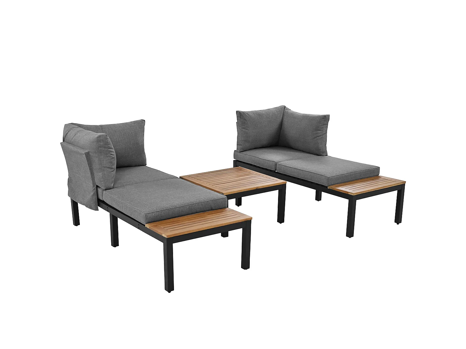 Salon de jardin 120x60x66 cm, 2 canapés 2 places, 2 tables dappoint, 1 table, pieds réglables, fer gris