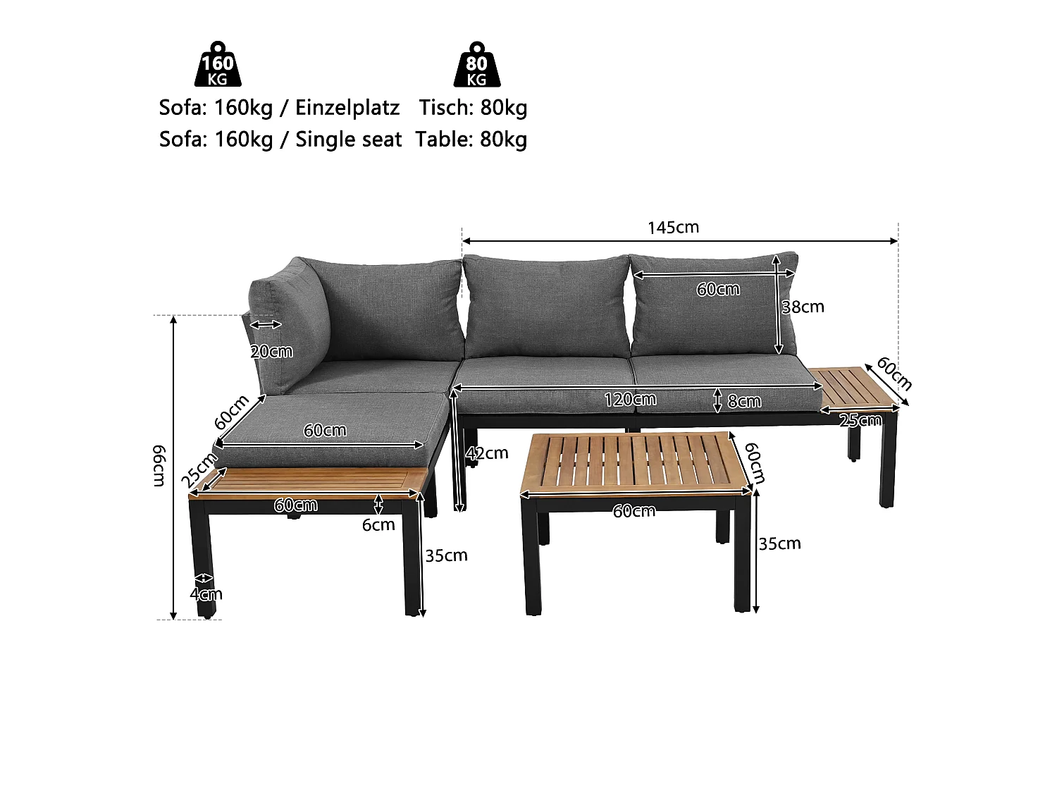 Salon de jardin 120x60x66 cm, 2 canapés 2 places, 2 tables dappoint, 1 table, pieds réglables, fer gris