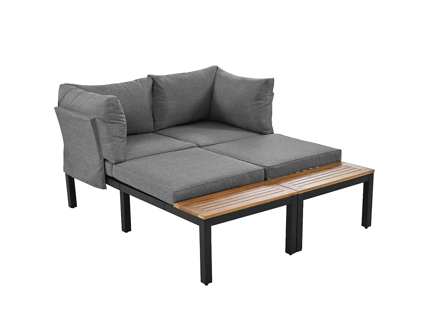 Salon de jardin 120x60x66 cm, 2 canapés 2 places, 2 tables dappoint, 1 table, pieds réglables, fer gris