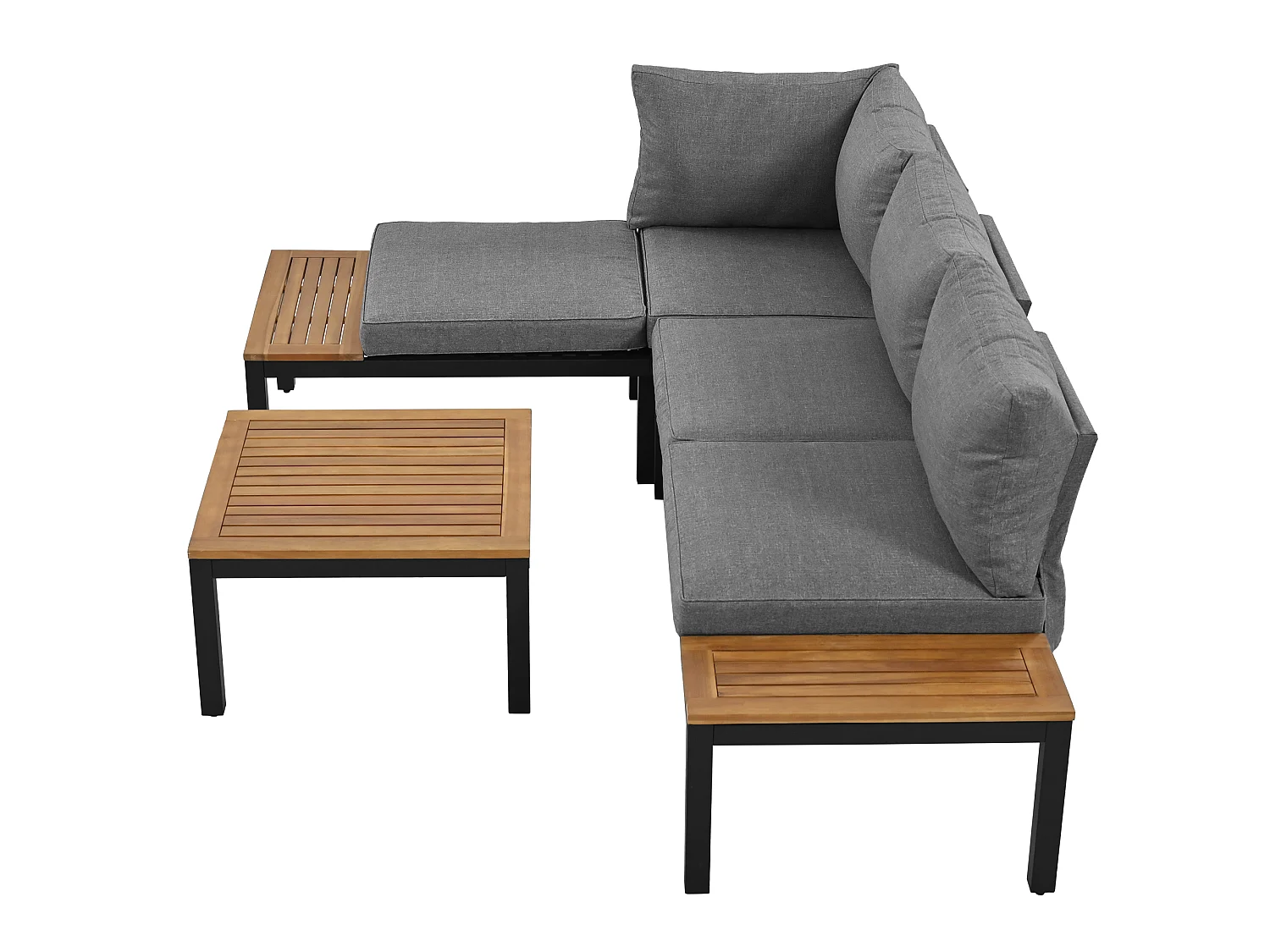 Salon de jardin 120x60x66 cm, 2 canapés 2 places, 2 tables dappoint, 1 table, pieds réglables, fer gris