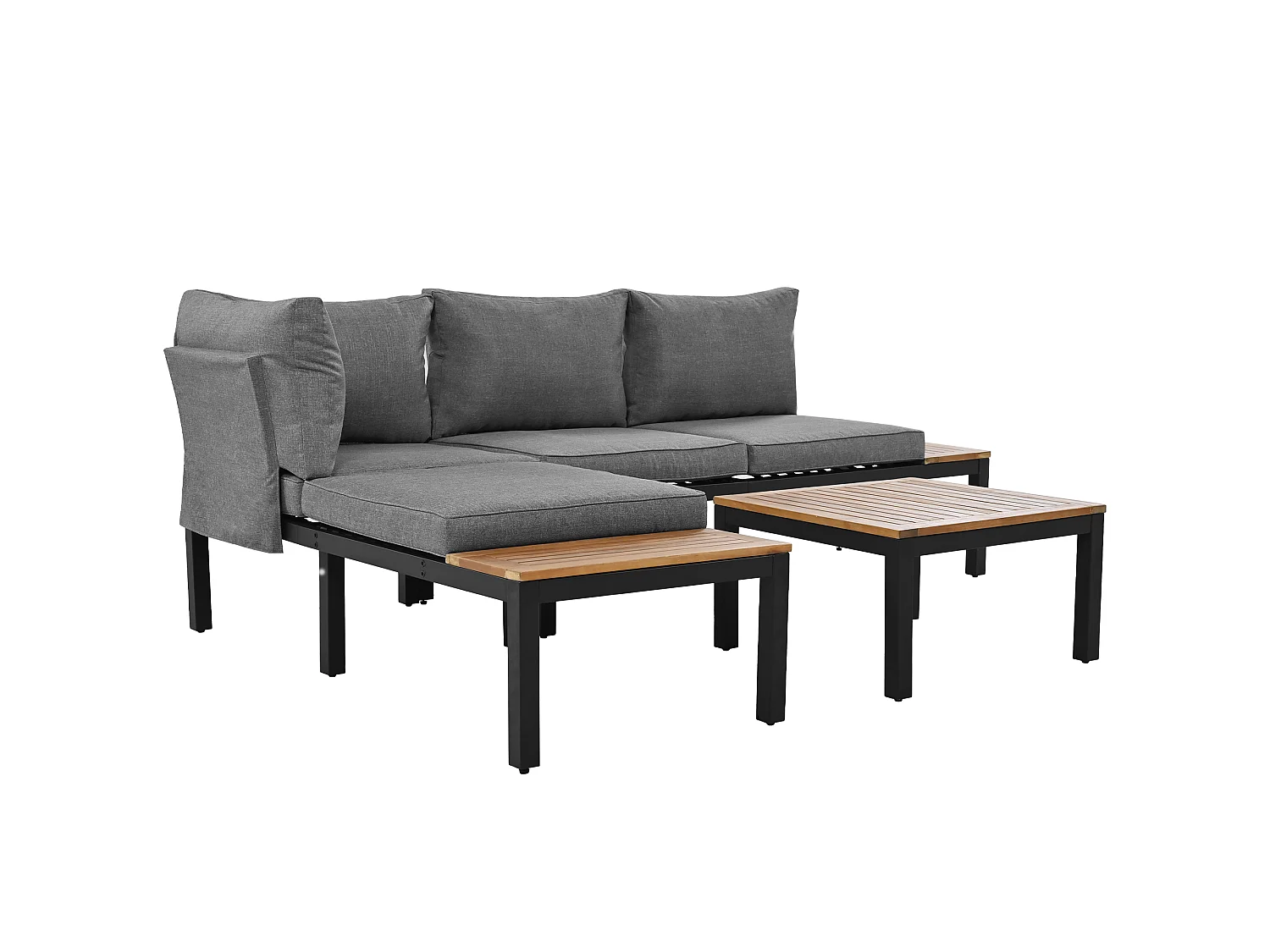 Salon de jardin 120x60x66 cm, 2 canapés 2 places, 2 tables dappoint, 1 table, pieds réglables, fer gris