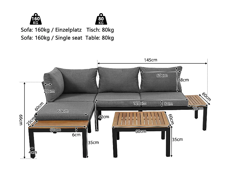 Lage tuinset met 4 stoelen, kussens en rugleuning - 2 banken en 1 tafel - hout + metaal - grijs