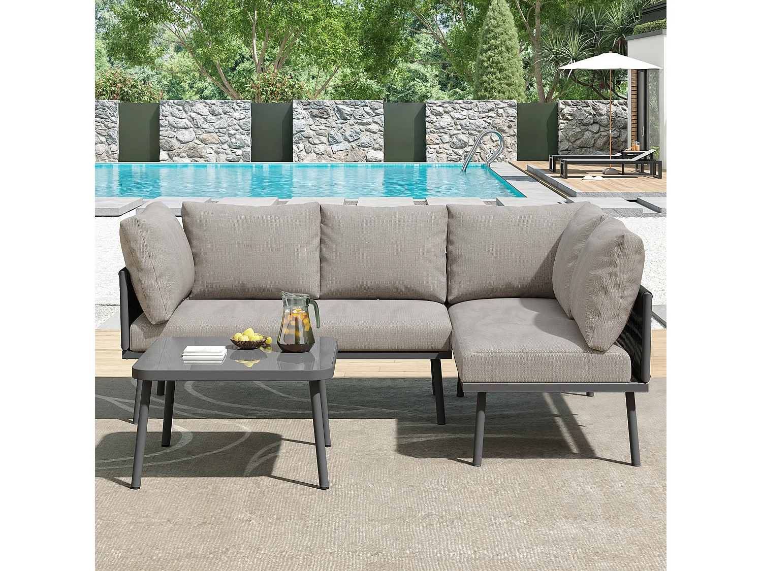 Salon de jardin 120x60x72 cm, 2 canapés et table avec plateau en verre trempé, coussins déhoussables, fer, gris