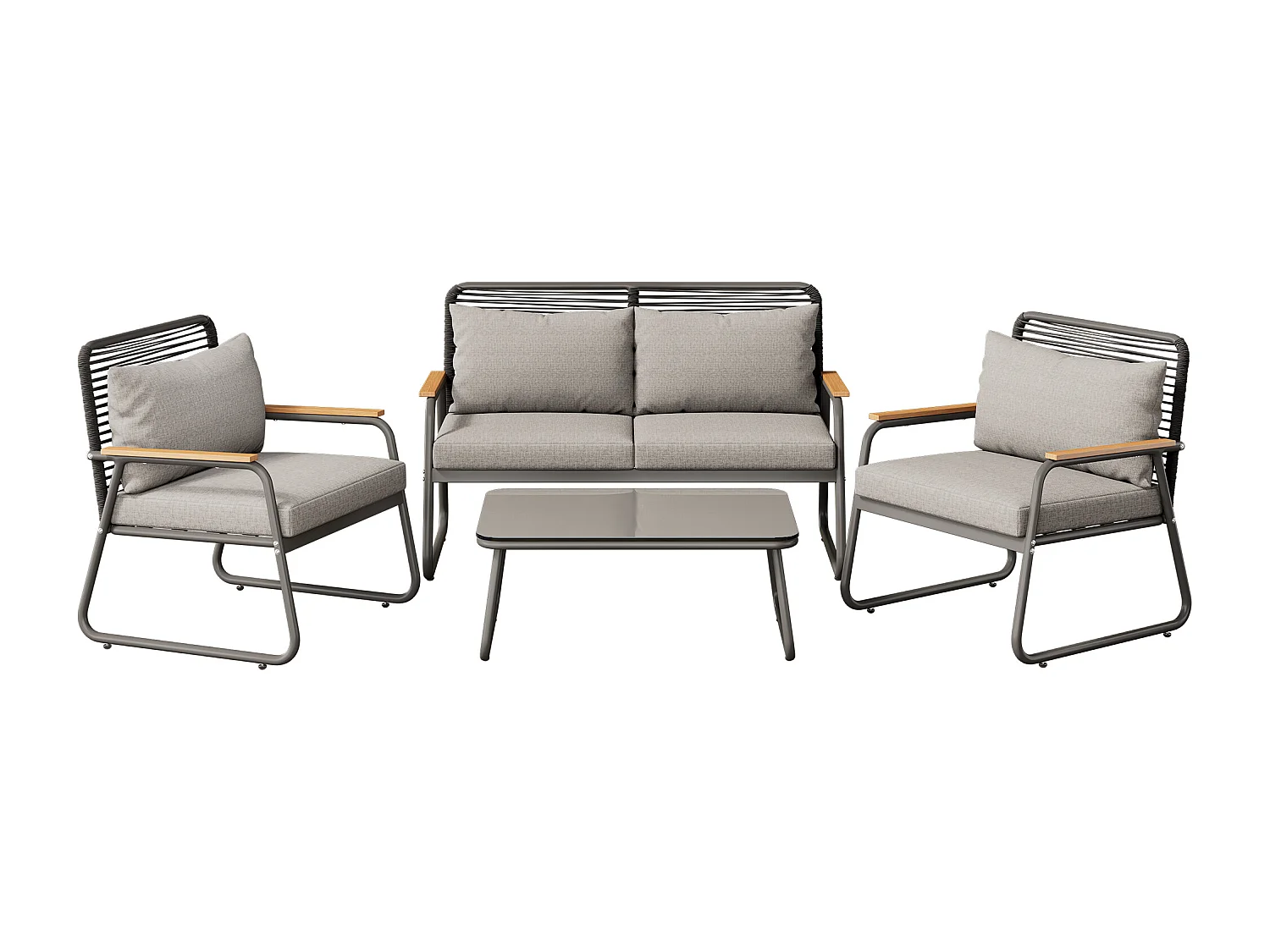 Salon de Jardin Bas 4 Places avec Fauteuils et Table - Pieds Réglables et Coussins - Fer Zingué et Verre Trempé - Gris