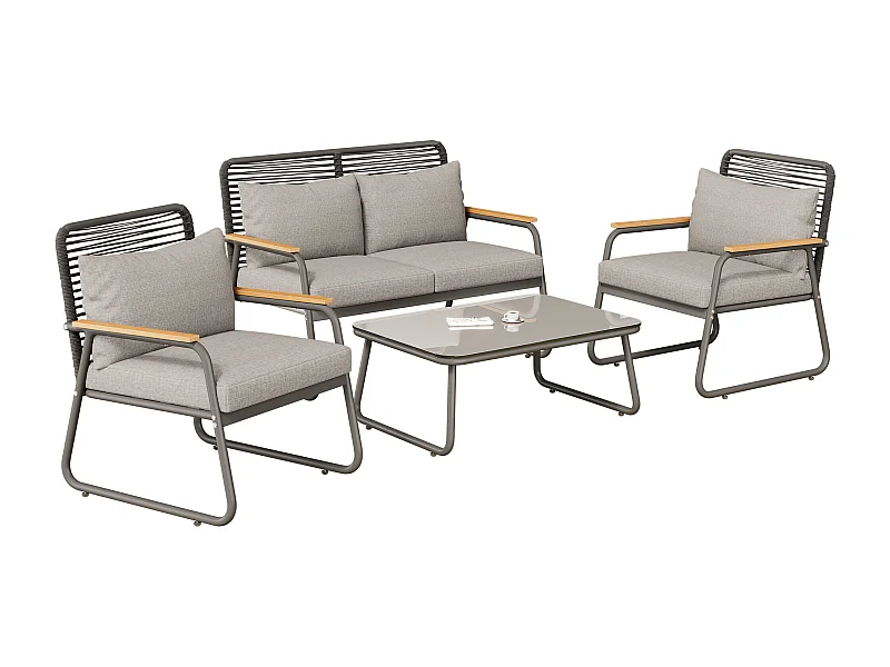 Salon de jardin 4 places 118x65x78 cm, coussins inclus, pieds réglables, métal, gris