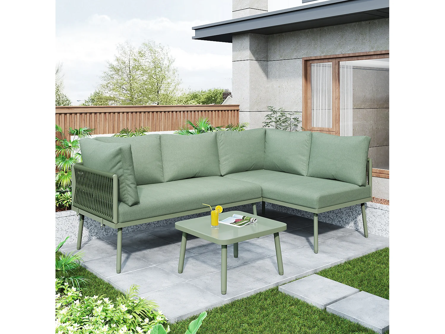 Salon de Jardin Exterieur 3/4 Places - Pieds Réglables - Housse et Coussin Inclus - Fer et Corde Vert