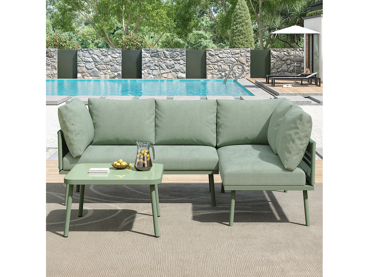 Conjunto de muebles de jardín para exterior de 3/4 plazas - Patas ajustables - Funda y cojín incluidos - Hierro y cuerda verde