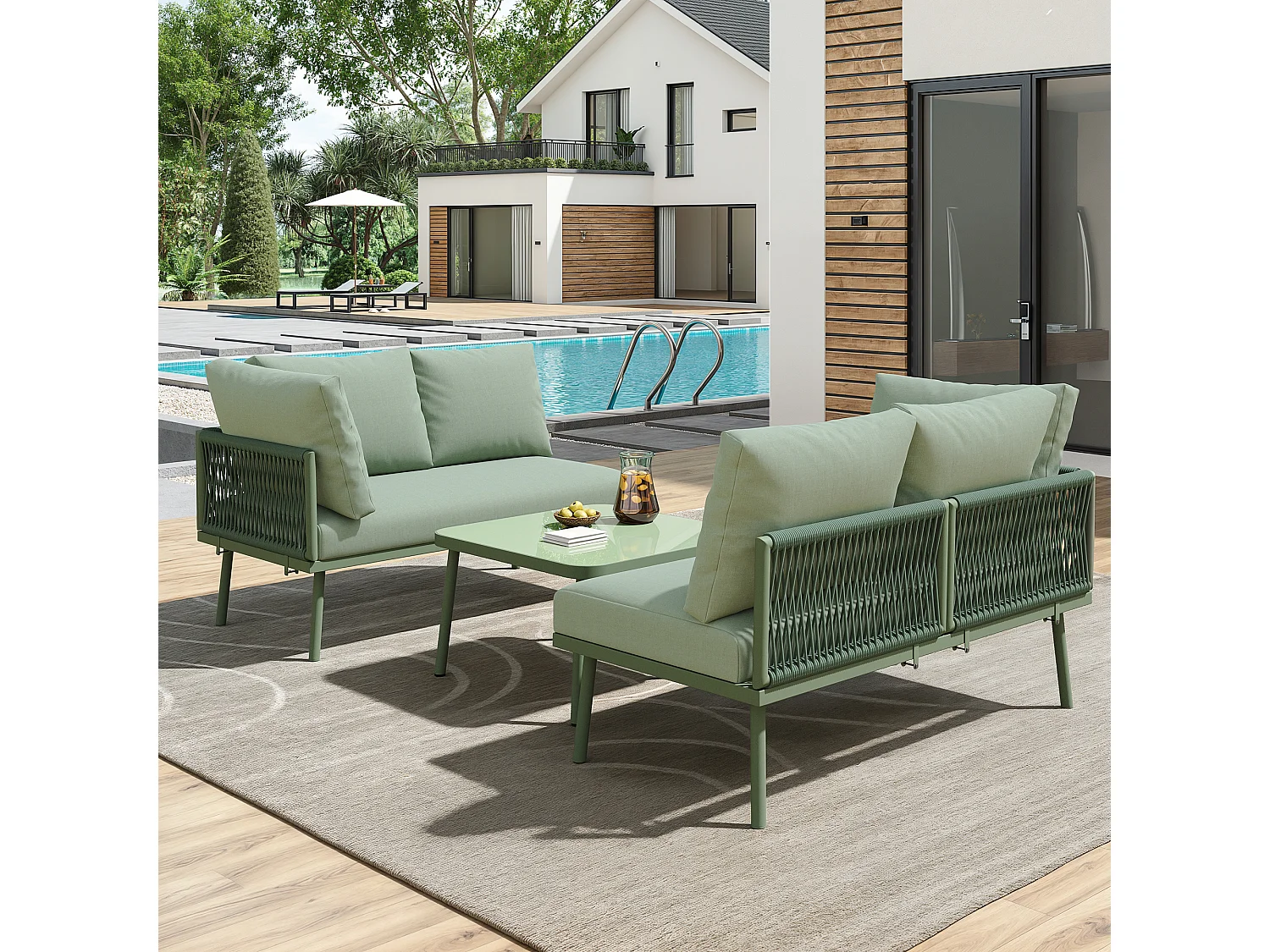 Conjunto de muebles de jardín para exterior de 3/4 plazas - Patas ajustables - Funda y cojín incluidos - Hierro y cuerda verde