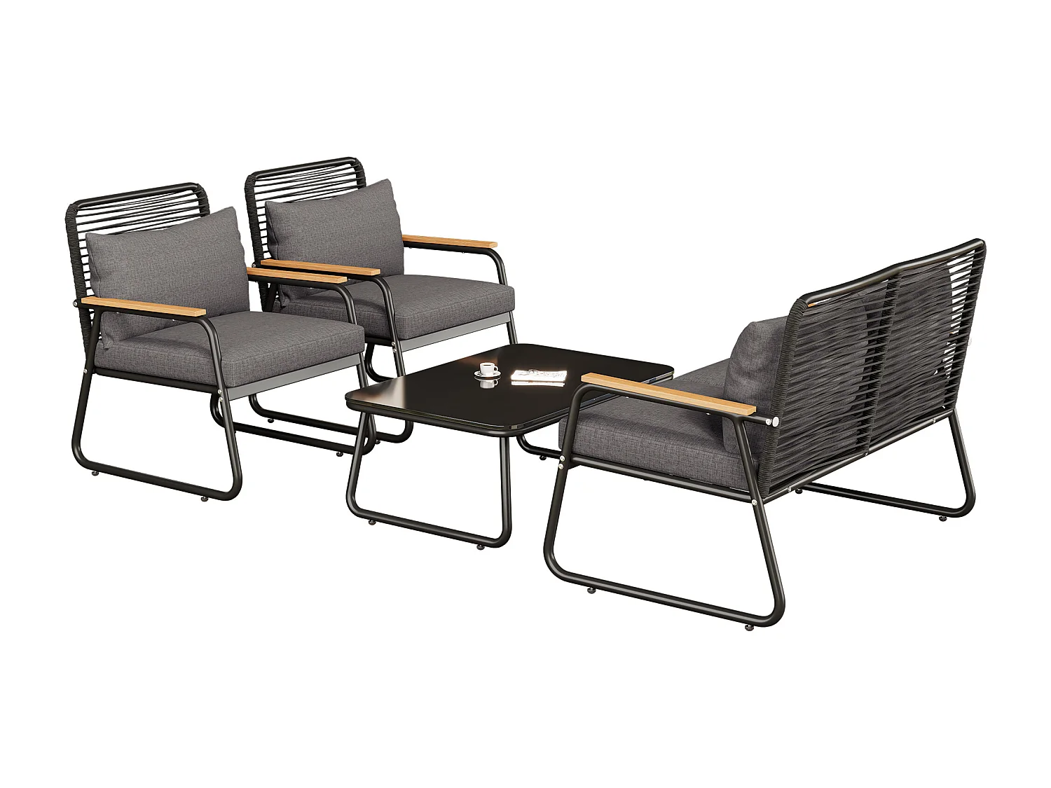 Salon de Jardin Bas 4 Places avec Fauteuils et Table - Pieds Réglables et Coussins - Fer Zingué et Verre Trempé - Noir