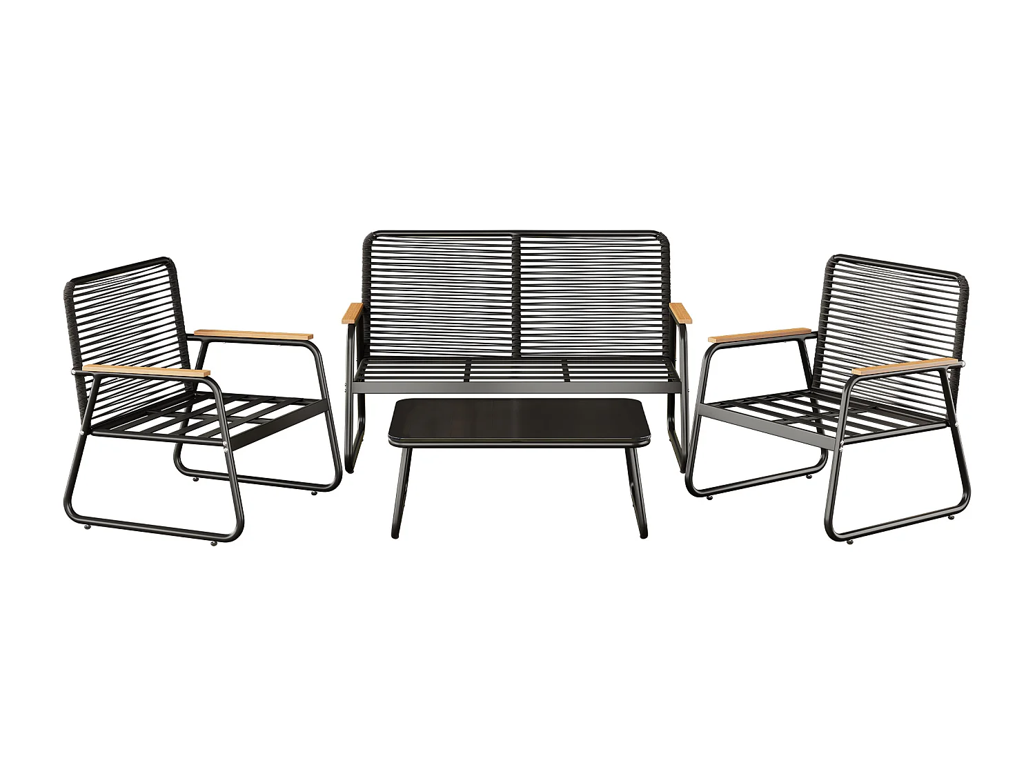 Salon de Jardin Bas 4 Places avec Fauteuils et Table - Pieds Réglables et Coussins - Fer Zingué et Verre Trempé - Noir