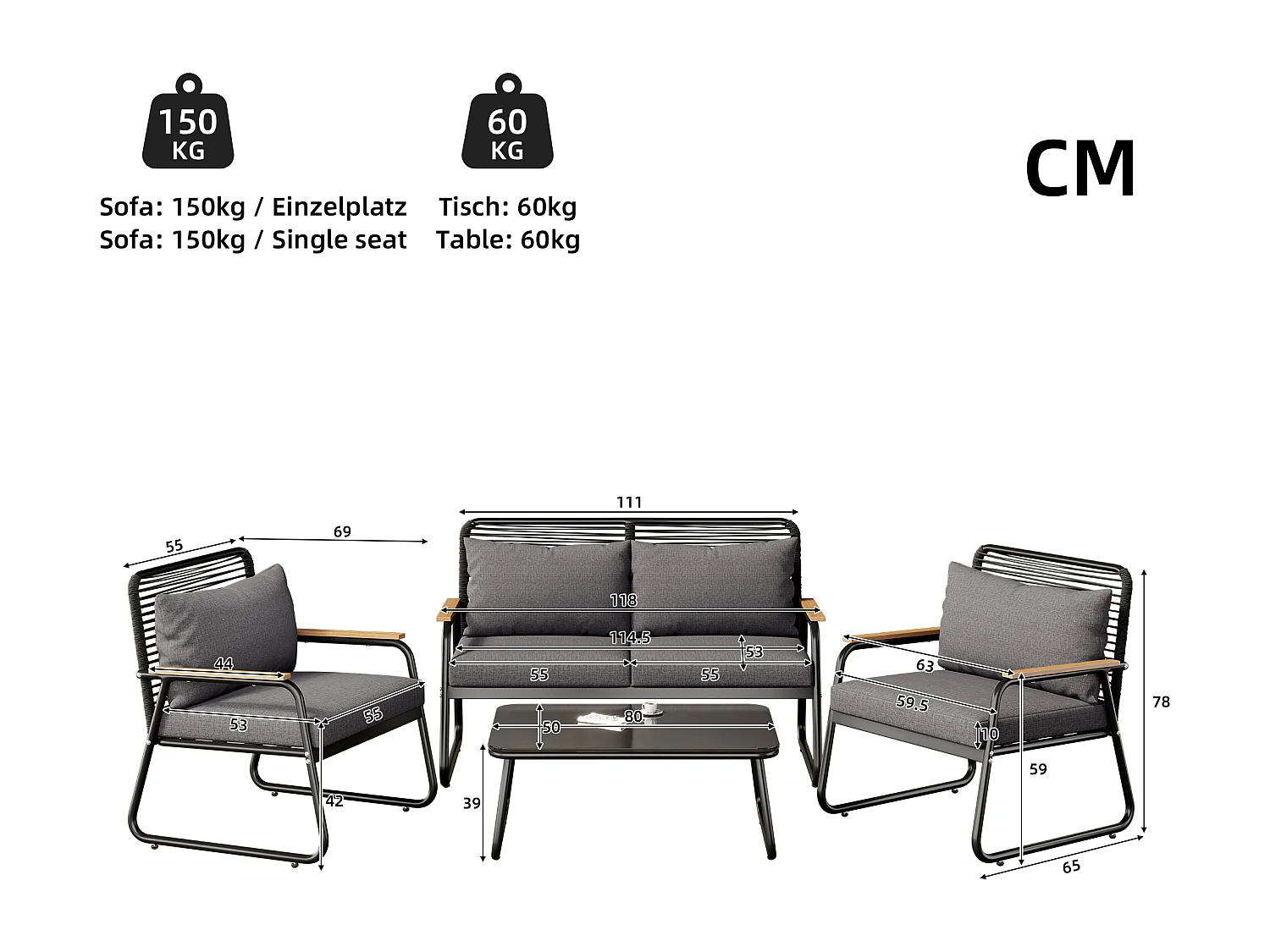 Salon de jardin 4 places, canapé 118x65x78 cm, pieds réglables, plateau en verre trempé, coussins inclus, métal polyester noir