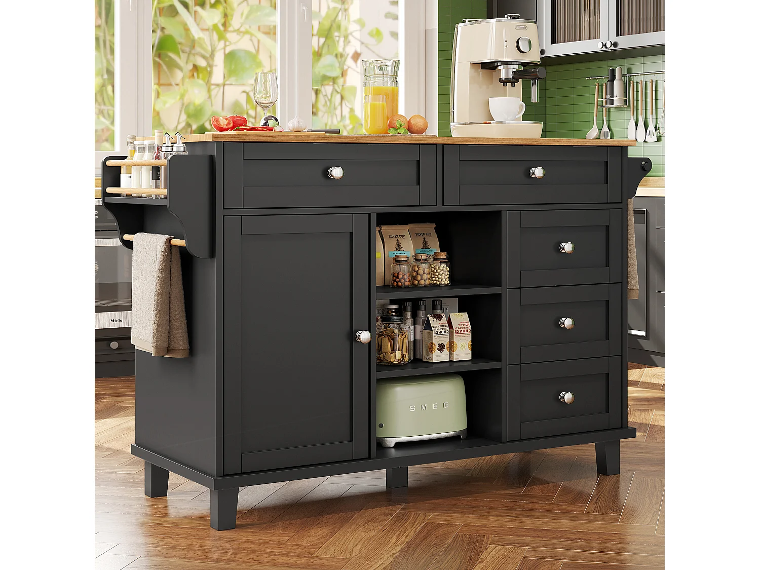 Desserte de cuisine 134x46x92 cm, usage mobile ou fixe, rangements multiples, MDF noir