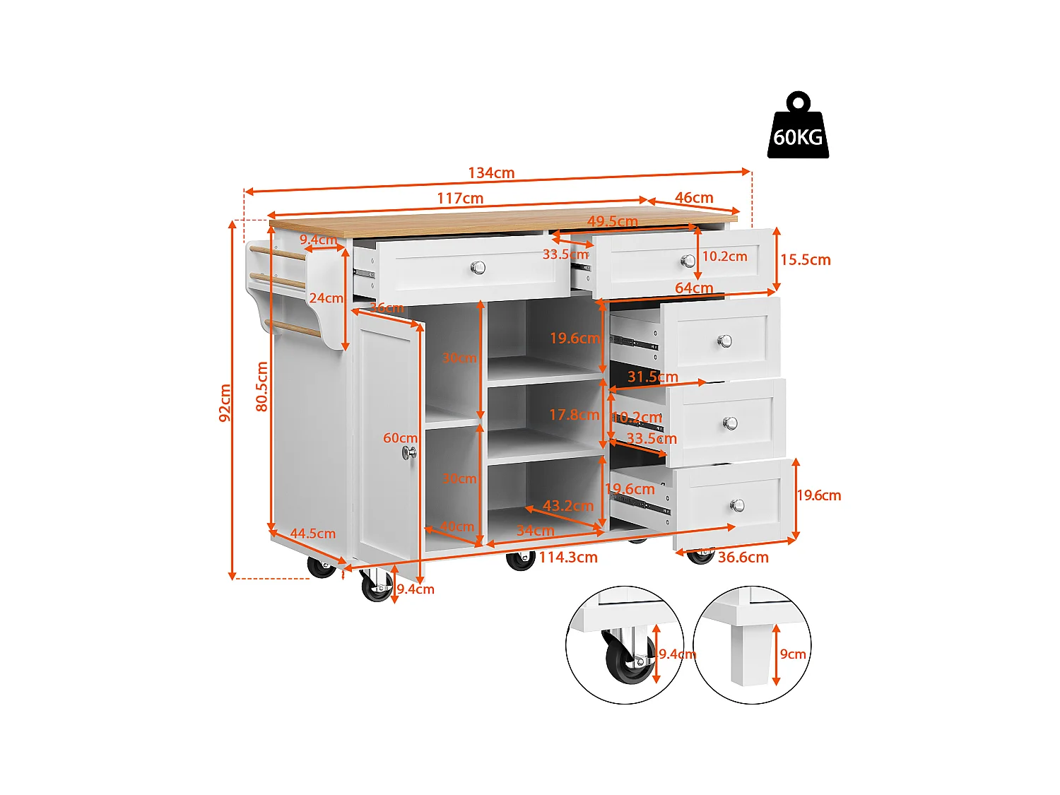 Desserte de cuisine 134x46x92 cm mobile en bois 1 porte et 5 tiroirs buffet avec rangement- blanc