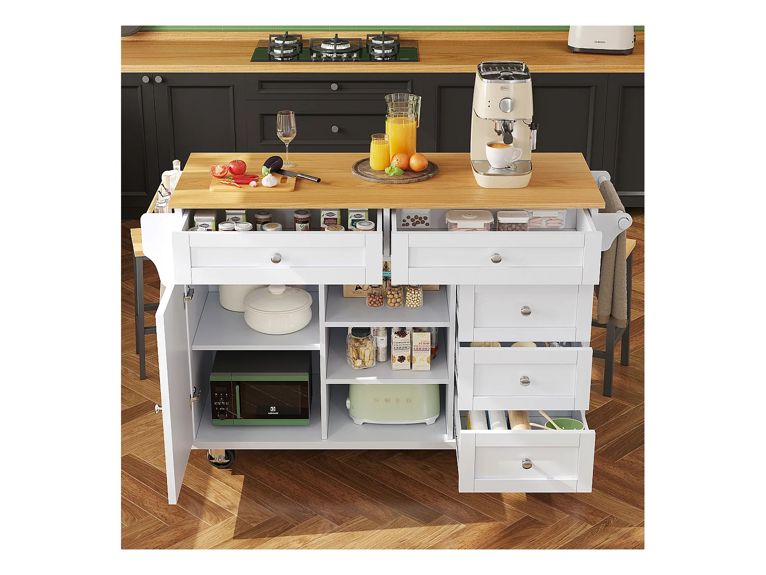 Desserte de cuisine mobile en bois 1 porte et 5 tiroirs buffet avec rangement 134x46x92 cm - blanc