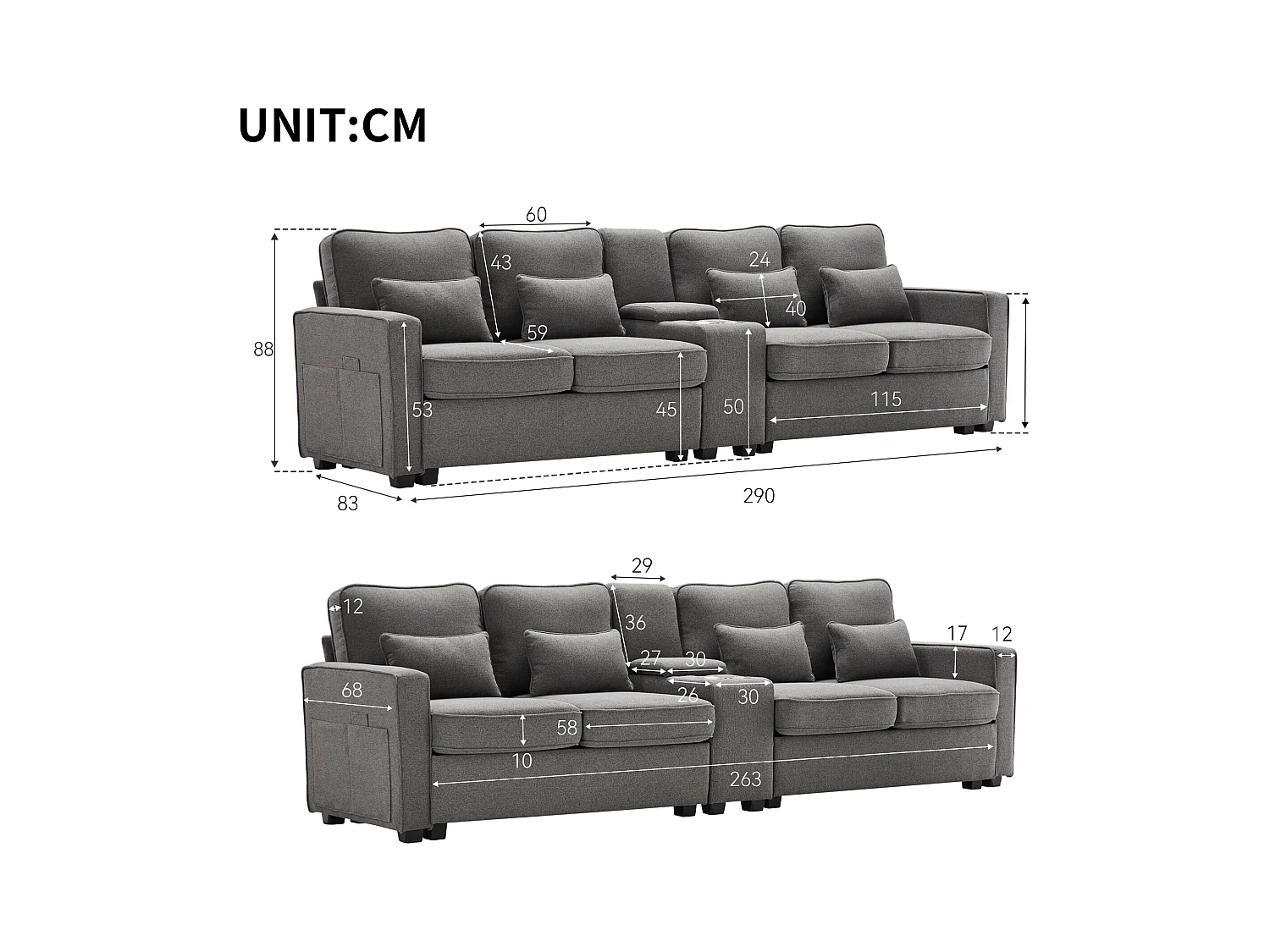 Canapé droit 4 places avec console - 2 porte-gobelets et USB - poches latérales et 4 oreillers - tissu lin - gris foncé