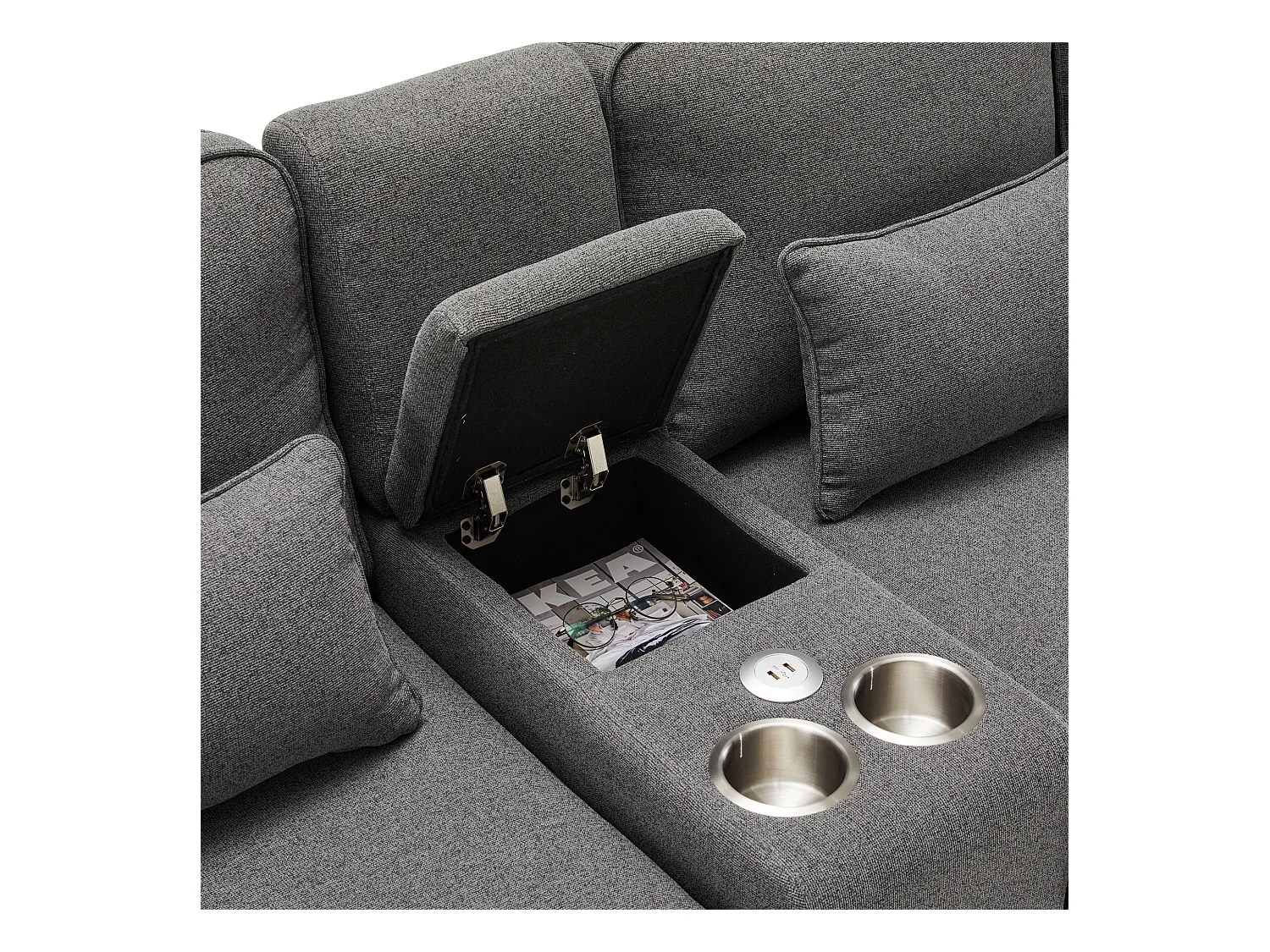 Canapé droit 4 places avec console - 2 porte-gobelets et USB - poches latérales et 4 oreillers - tissu lin - gris foncé