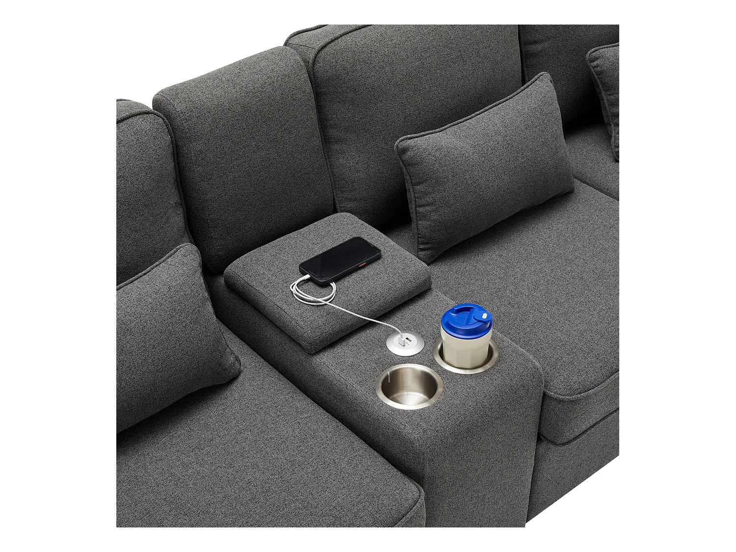 Canapé droit 4 places avec console - 2 porte-gobelets et USB - poches latérales et 4 oreillers - tissu lin - gris foncé