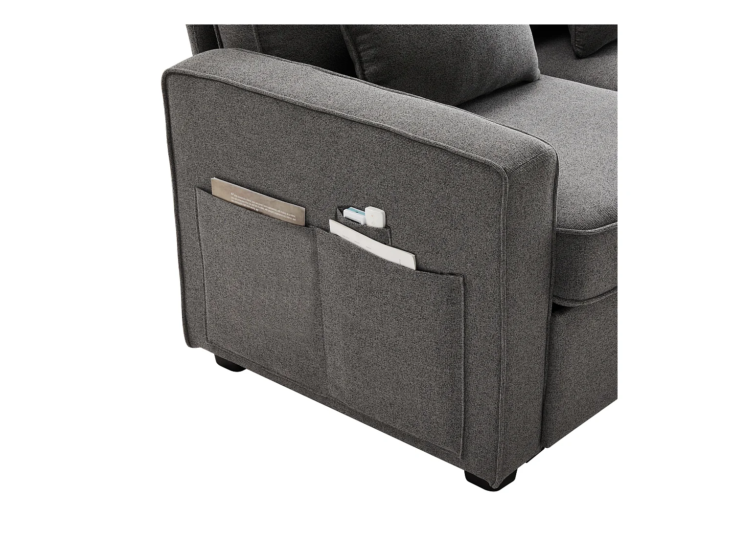 Canapé droit 4 places avec console - 2 porte-gobelets et USB - poches latérales et 4 oreillers - tissu lin - gris foncé