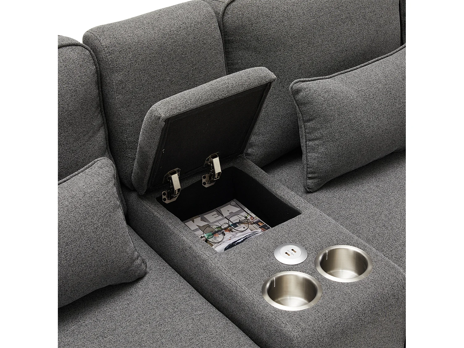Canapé droit 4 places avec console - 2 porte-gobelets et USB - poches latérales et 4 oreillers - tissu lin - gris foncé