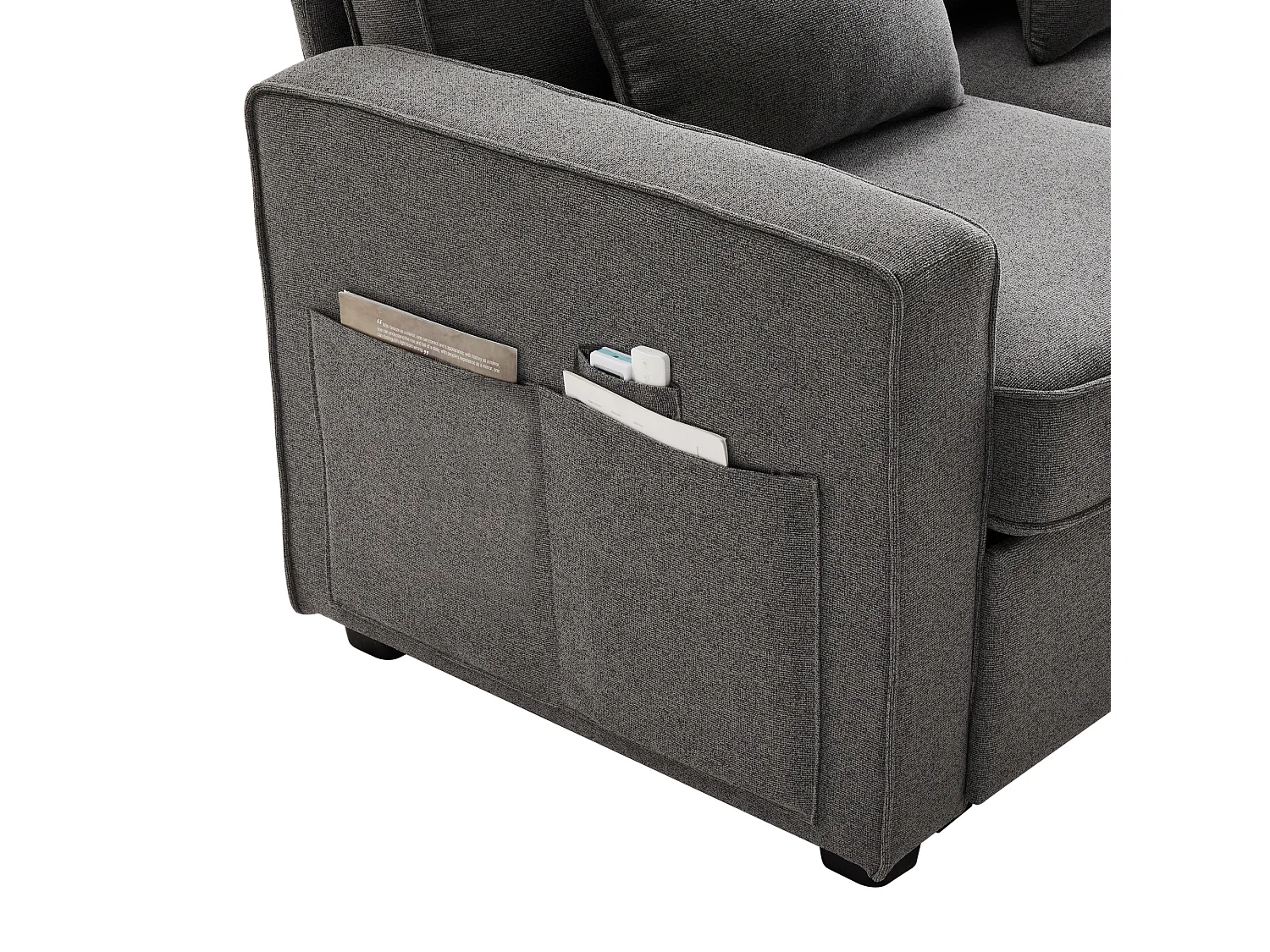 Canapé droit 4 places avec console - 2 porte-gobelets et USB - poches latérales et 4 oreillers - tissu lin - gris foncé
