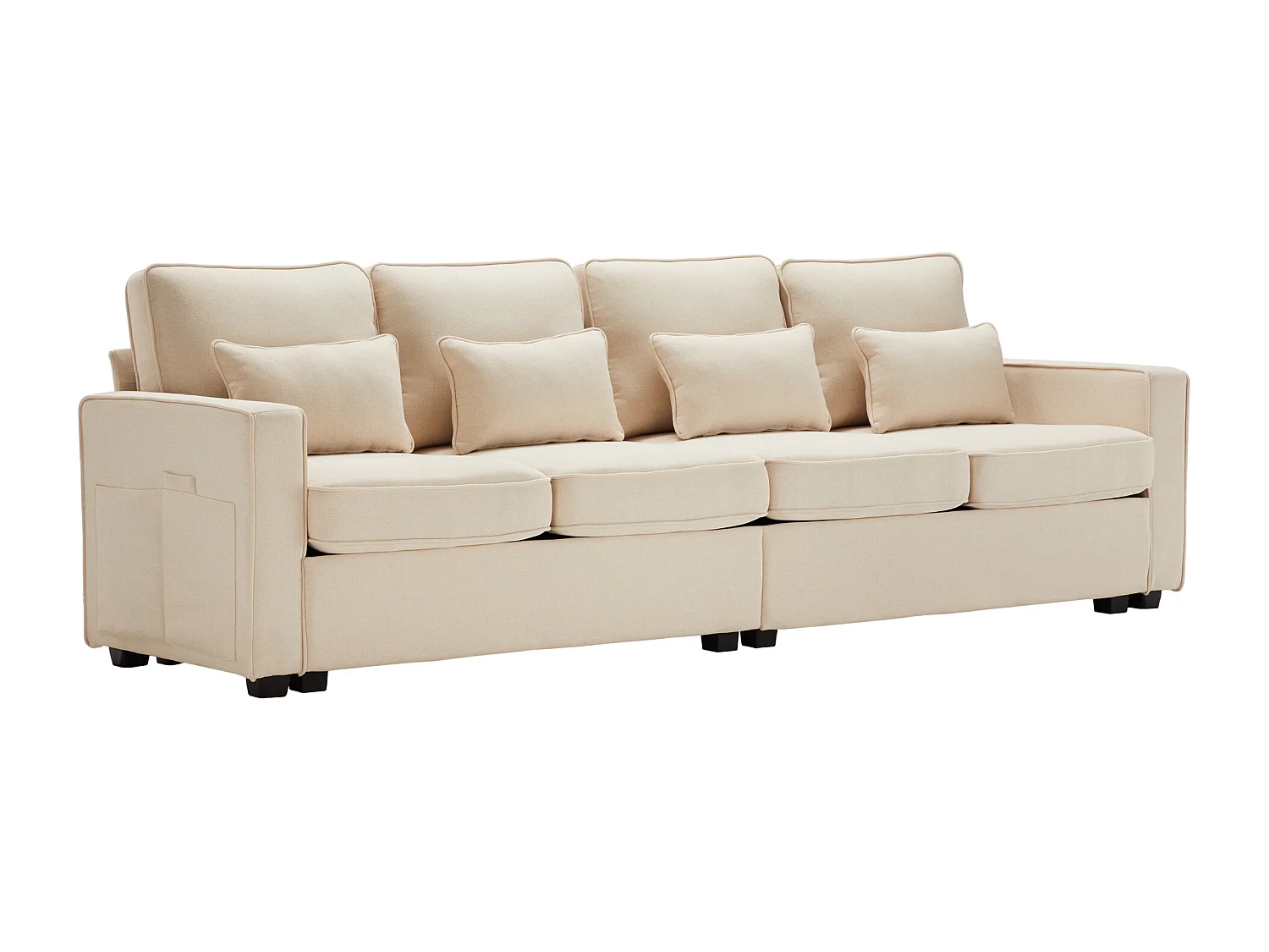Canapé 4 places 264x83x87 cm, poches de rangement aux accoudoirs, 4 coussins lombaires, tissu en lin beige