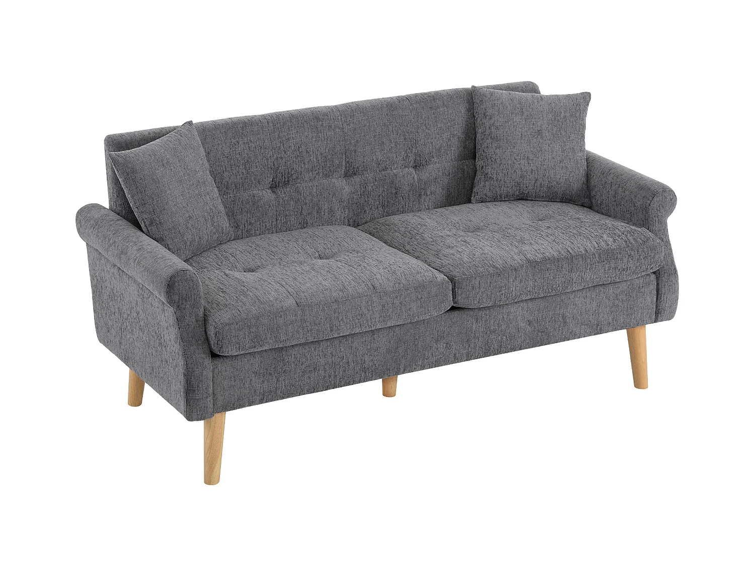 Moderne 2-zits chenille bank - houten poten - strak design met zachte kussens - grijs