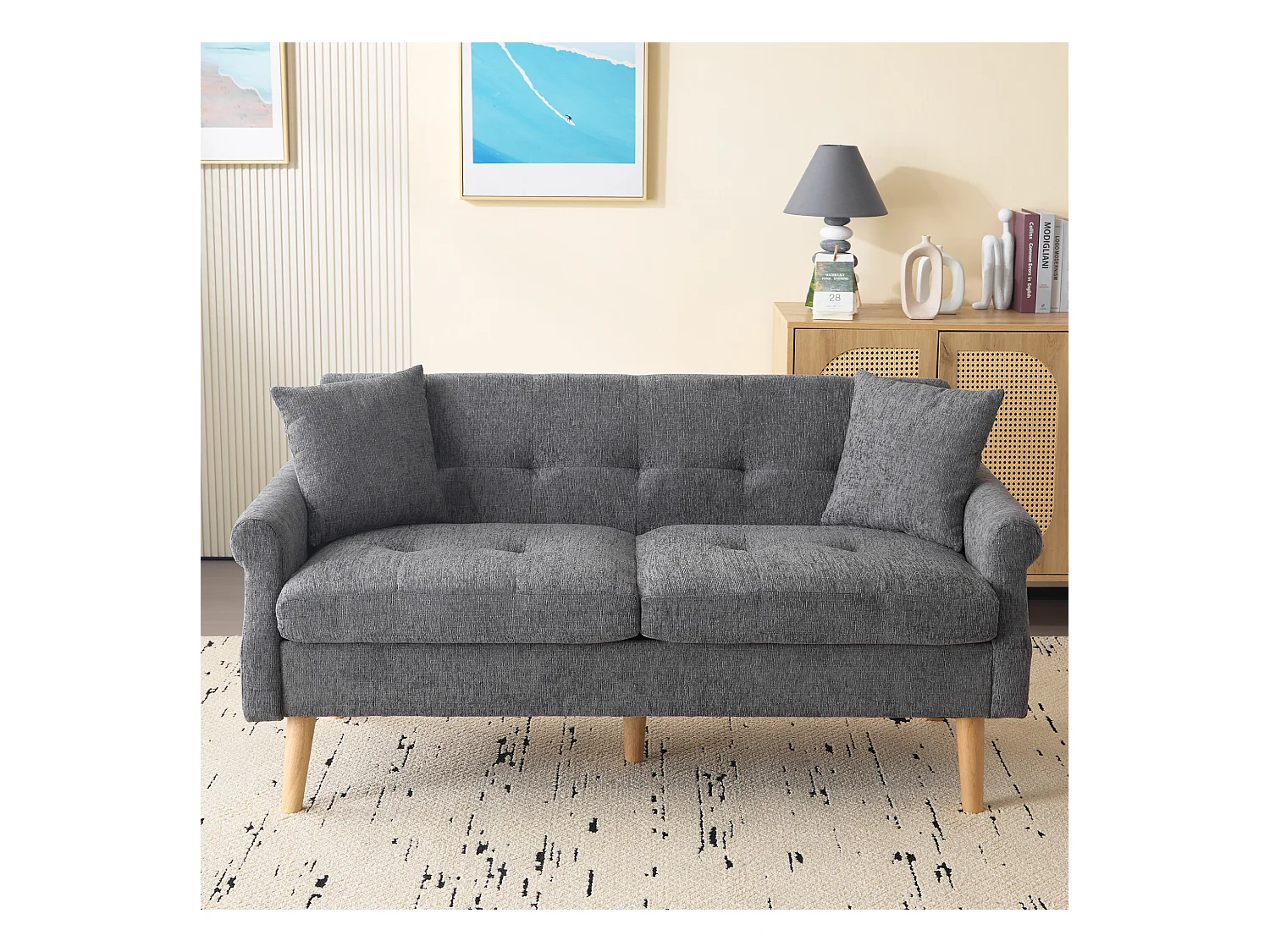 Moderne 2-zits chenille bank - houten poten - strak design met zachte kussens - grijs