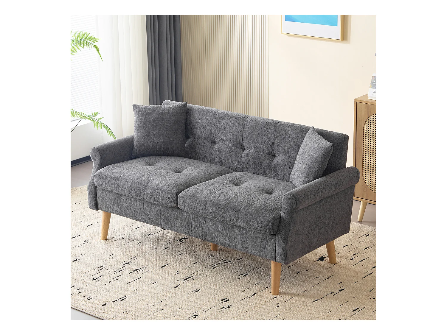 Canapé 2 places moderne en chenille - pieds en bois - design épuré avec coussins moelleux - gris