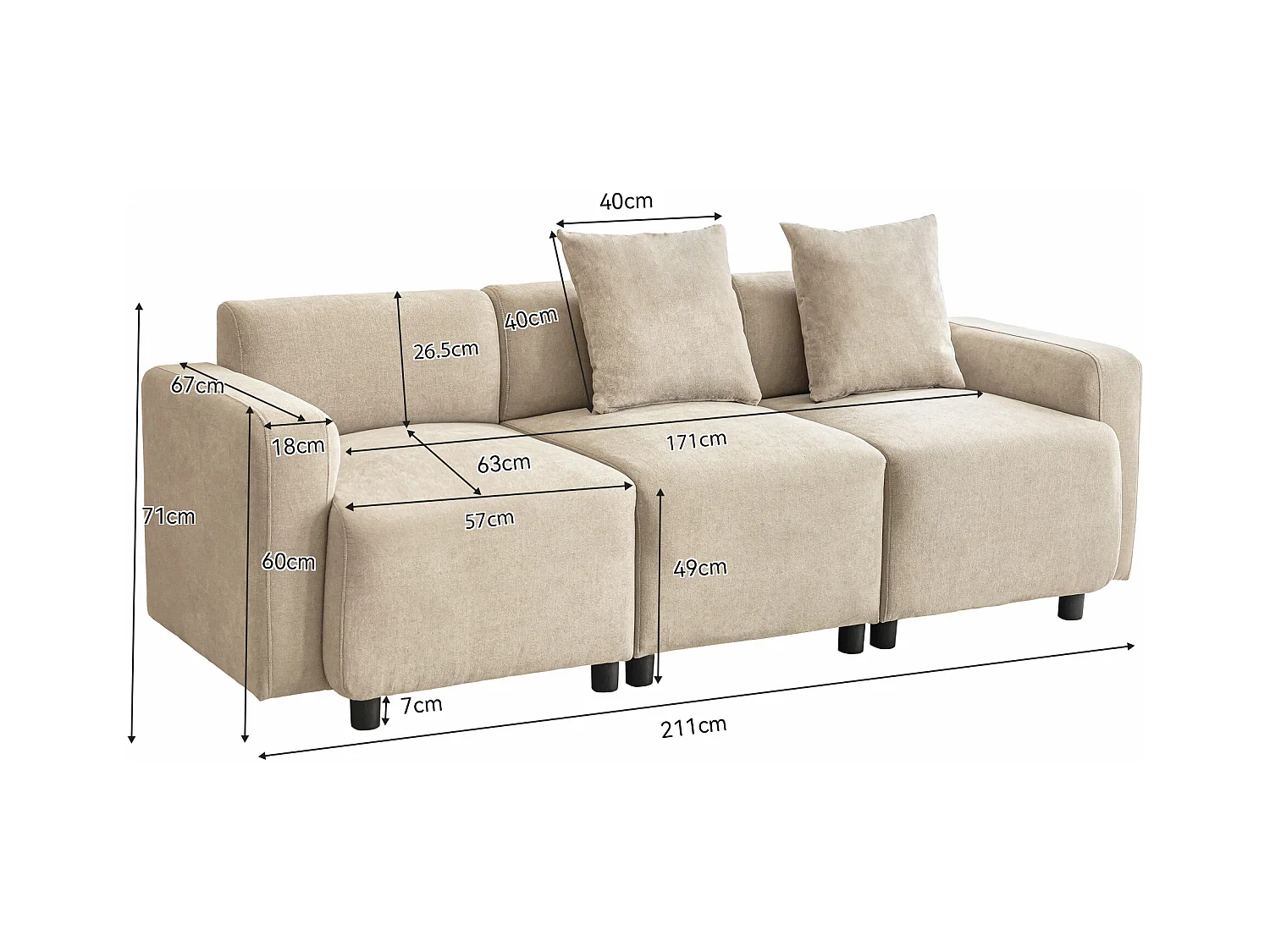 Canapé droit 3 places avec coussins - tissu chenille - meuble de salon - canapé moderne - beige